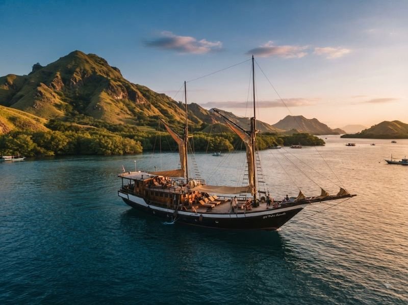 Komodo sailing boat during late afternoon near Kalong Island