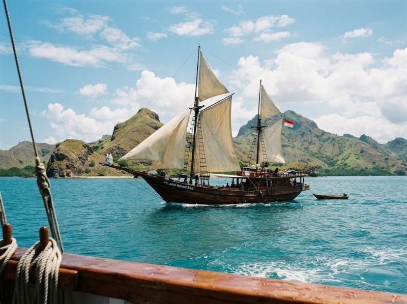 Phinisi boat sailing through the Komodo islands