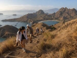 Travelers hiking the steep Padar Island trail with panoramic bays