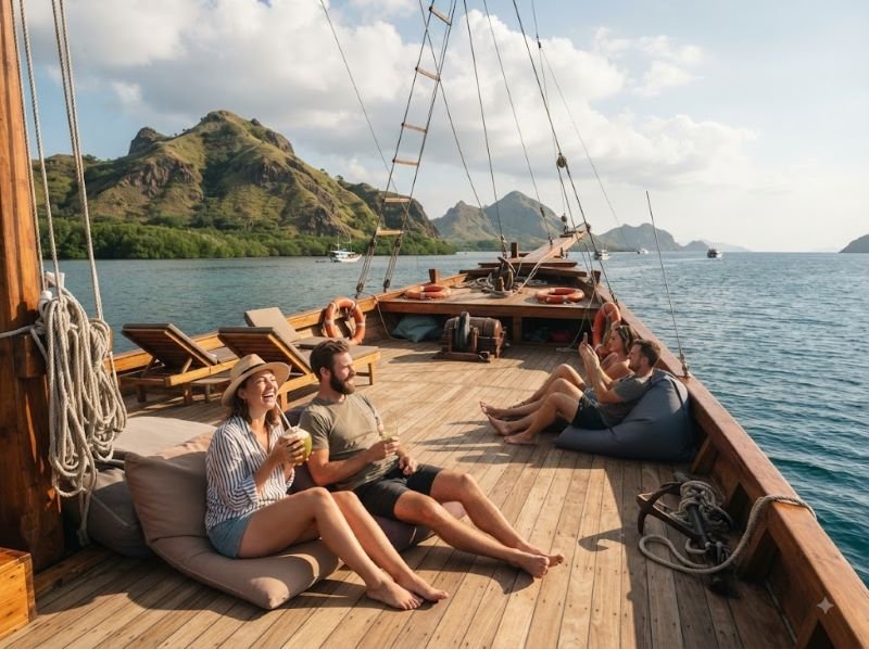 Travelers relaxing on a phinisi deck near Kalong Island