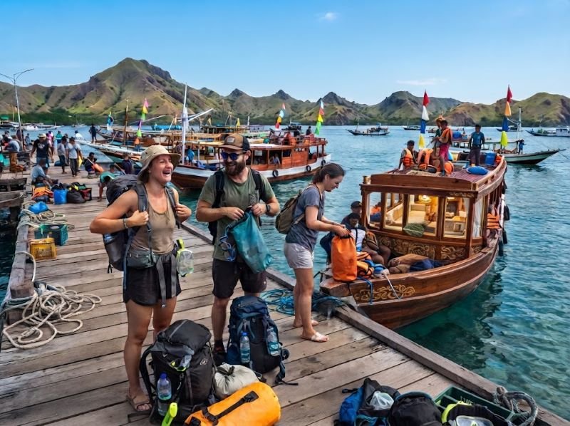 travelers preparing for an island boat trip in Labuan Bajo