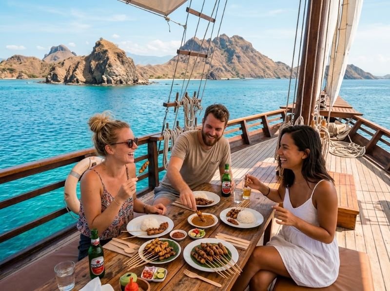 enjoying satay on a boat