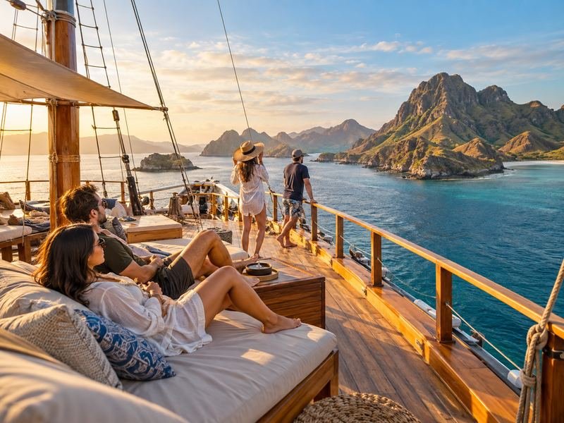 travelers sailing through Komodo National Park on a liveaboard boat