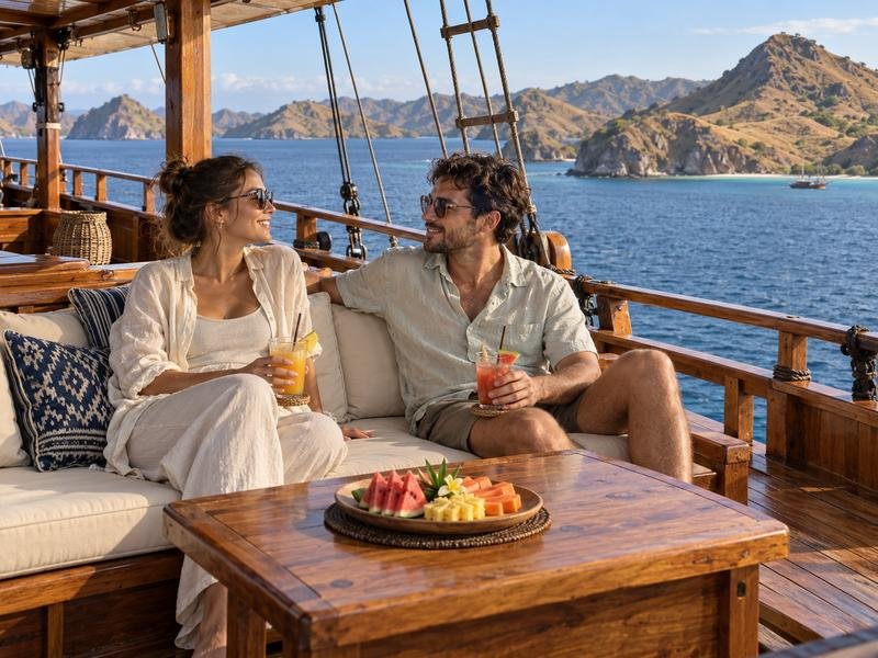 Couple relaxing on the sundeck during a Komodo sailing trip