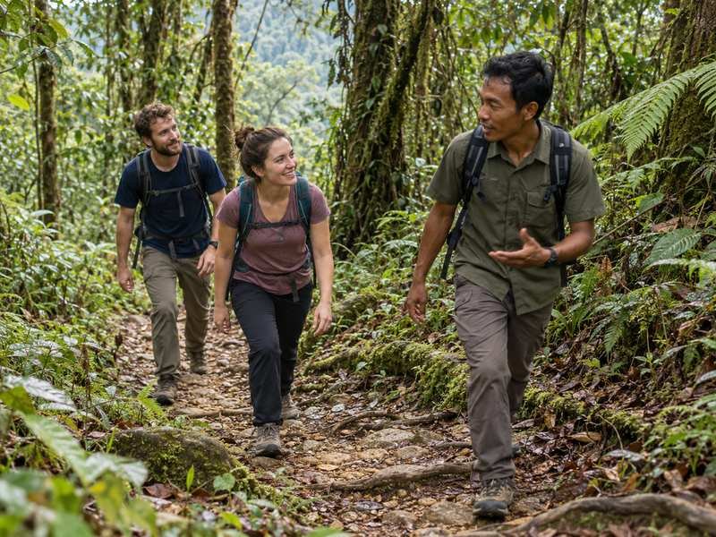 Local guide accompanying travelers along the forest trail to Wae Rebo