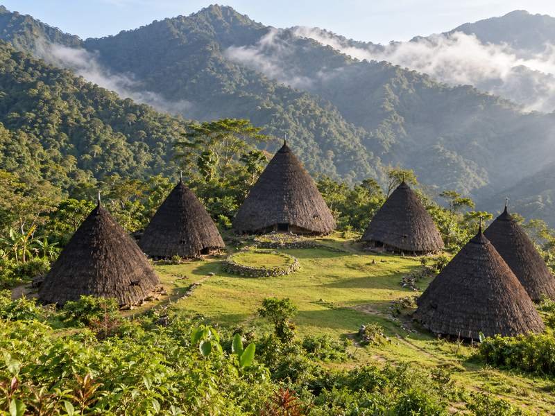 Morning view of Wae Rebo village beneath the surrounding mountain slopes