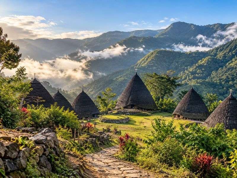 Mountain village scenery during a journey across Flores