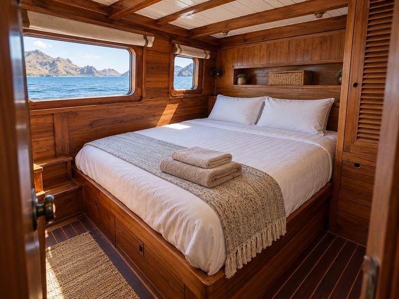 Private phinisi cabin prepared for a Komodo sailing trip
