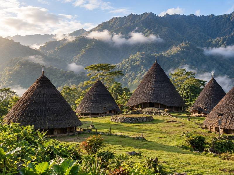 Traditional Mbaru Niang houses in Wae Rebo village