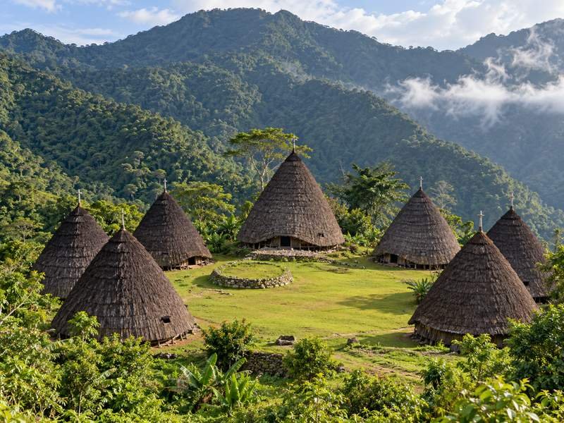 Traditional Mbaru Niang houses surrounded by green mountain slopes