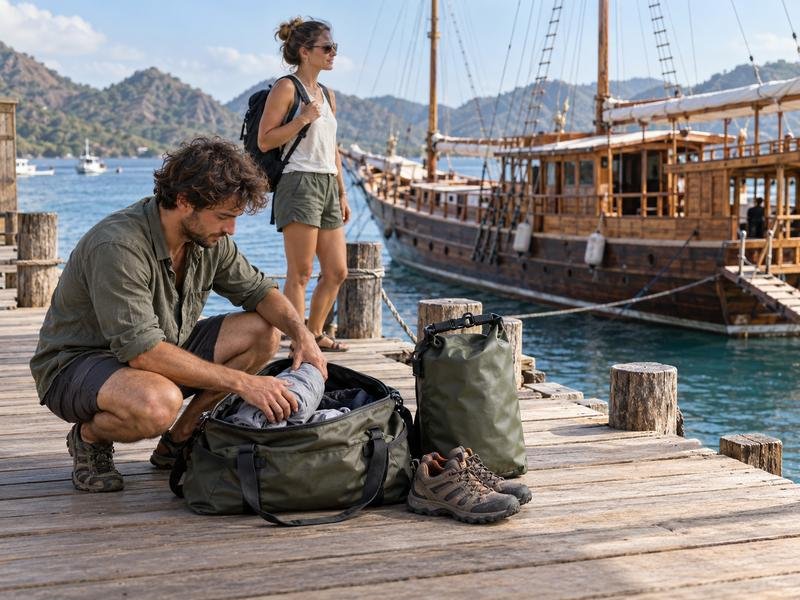 Travelers prepare a compact bag, a dry bag, and walking shoes before boarding the phinisi.