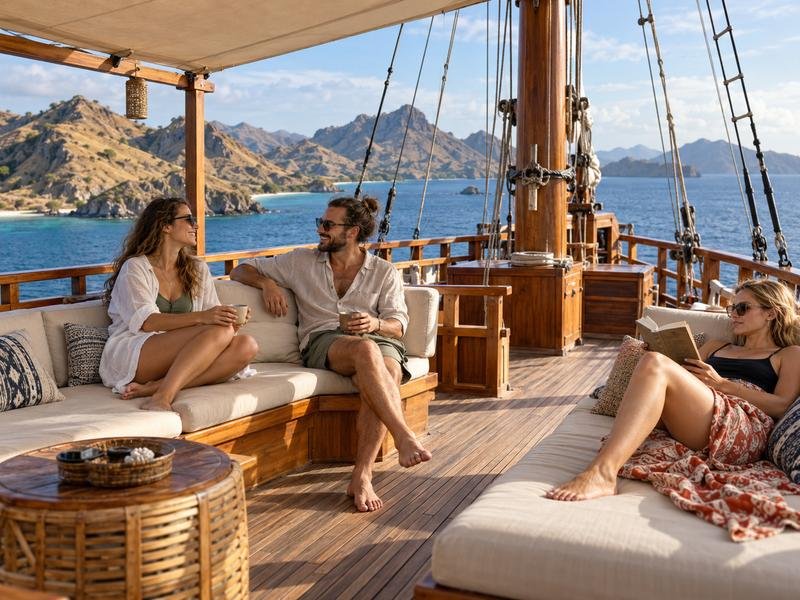 Travelers relaxing on a phinisi sundeck between island stops