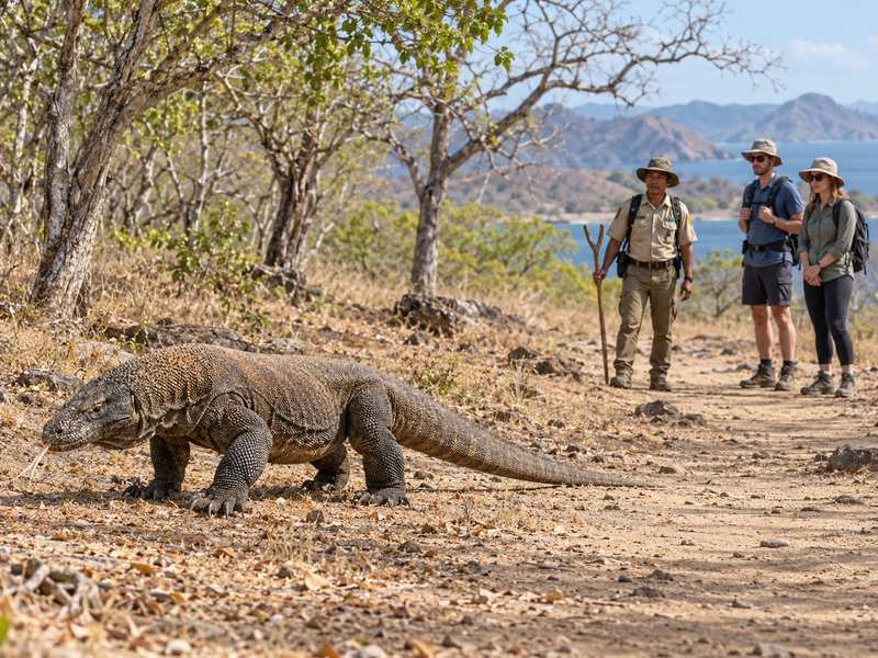 Visitors observing a Komodo dragon from a distance with a park ranger