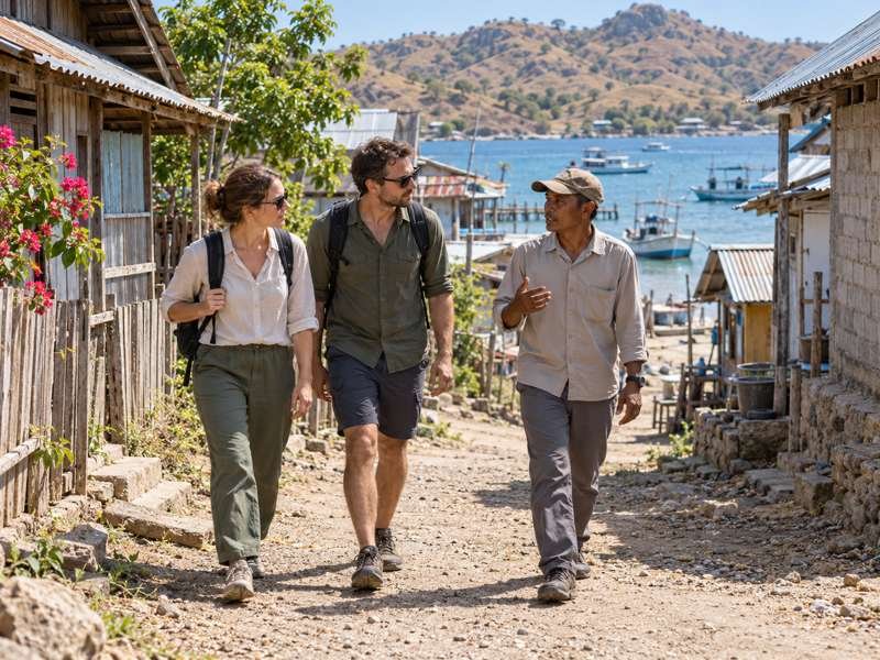 ravelers walking through Komodo Village with a local guide